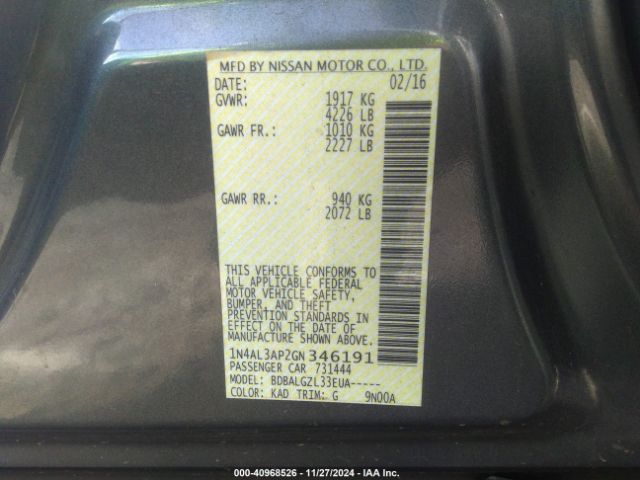 1N4AL3AP2GN346191 Nissan Altima 2.5/2.5 S/2.5 Sl/2.5 Sr/2.5 Sv