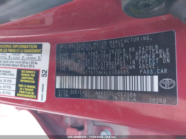 Toyota CAMRY SE 2020 4T1G11AK4LU308685 Image 9