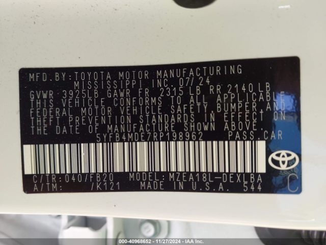 5YFB4MDE7RP198962 Toyota COROLLA LE