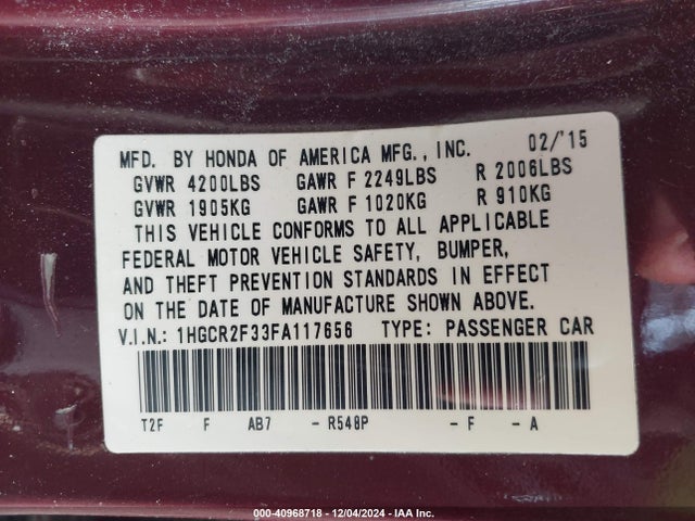 Honda ACCORD LX 2015 1HGCR2F33FA117656 Image 9