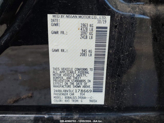 Nissan Altima S Fwd 2020 1N4BL4BV3LC178669 Image 9