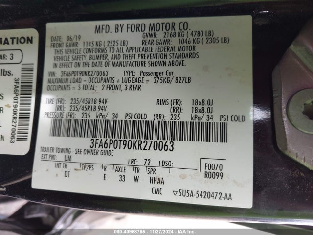 Ford FUSION SE 2019 3FA6P0T90KR270063 Image 9