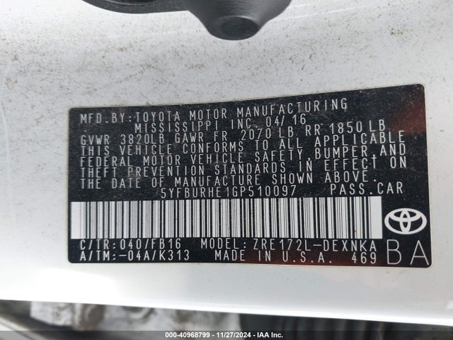 Toyota COROLLA LE 2016 5YFBURHE1GP510097 Image 9