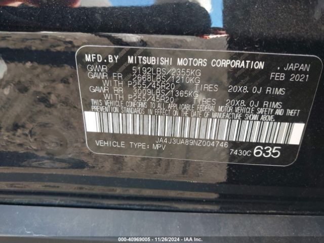 JA4J3UA89NZ004746 Mitsubishi Outlander Black Edition 2wd/se 2.5 2wd/se Launch Edition 2wd