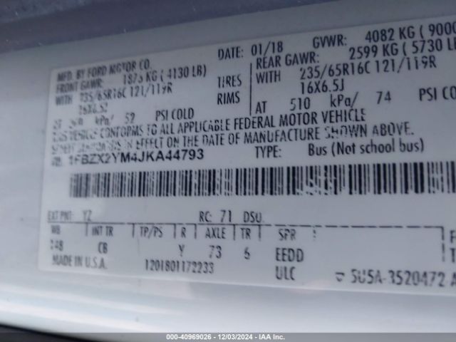 1FBZX2YM4JKA44793 Ford Transit-350 Xlt