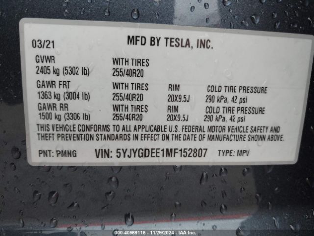 5YJYGDEE1MF152807 Tesla Model Y Long Range Dual Motor All-wheel Drive