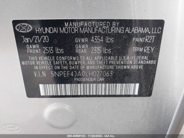 5NPEF4JA0LH027063 Hyundai SONATA SEL