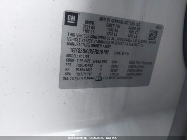 1GYS3BKJXFR279182 Cadillac Escalade Luxury