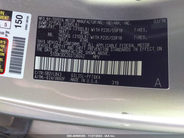 5TDDK3DC2GS136042 Toyota Sienna Limited Premium 7 Passenger