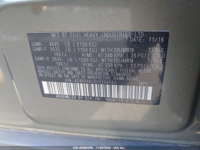 Subaru Outback 2.5i Limited 2017 4S4BSANC8H3304582 Image 9