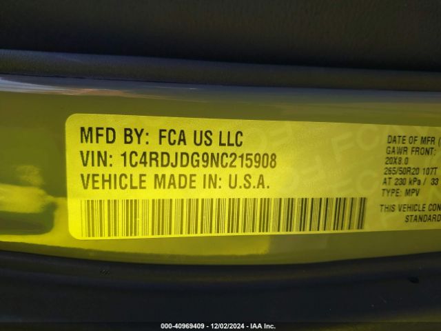 1C4RDJDG9NC215908 Dodge Durango Gt Awd
