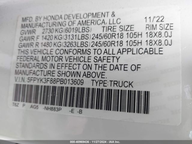 5FPYK3F88PB013609 Honda Ridgeline Black Edition