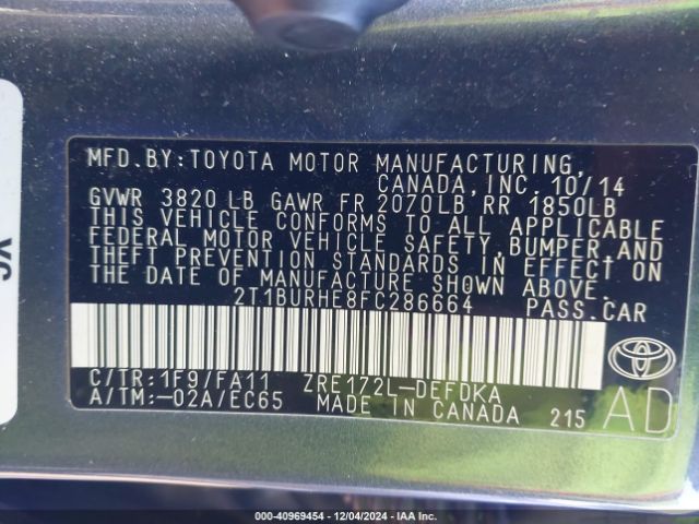2T1BURHE8FC286664 Toyota COROLLA L