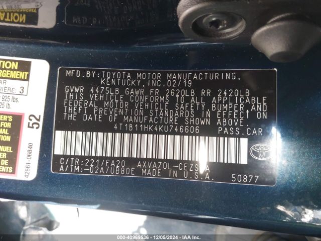 4T1B11HK4KU746606 Toyota CAMRY SE