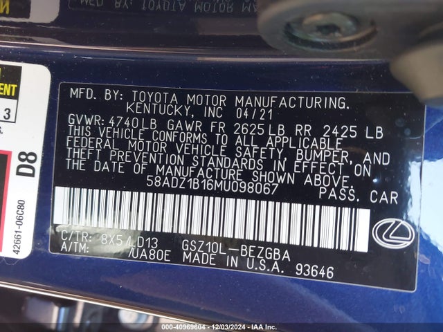 Lexus ES 350 2021 58ADZ1B16MU098067 Image 9