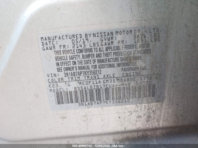Nissan SENTRA S 2019 3N1AB7AP7KY358212 Image 9