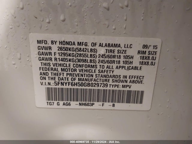 Honda Pilot Ex-l 2016 5FNYF6H50GB029739 Image 9
