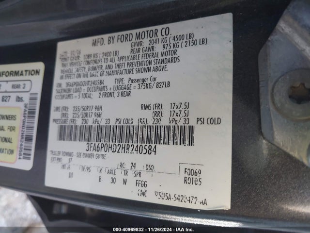 Ford FUSION SE 2017 3FA6P0HD2HR240584 Image 9
