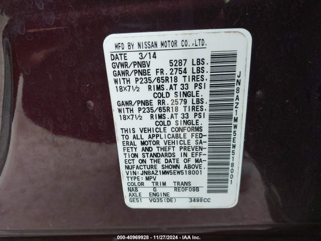 Nissan MURANO SV 2014 JN8AZ1MW5EW518001 Image 9