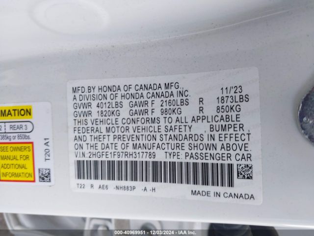 2HGFE1F97RH317789 Honda Civic Touring