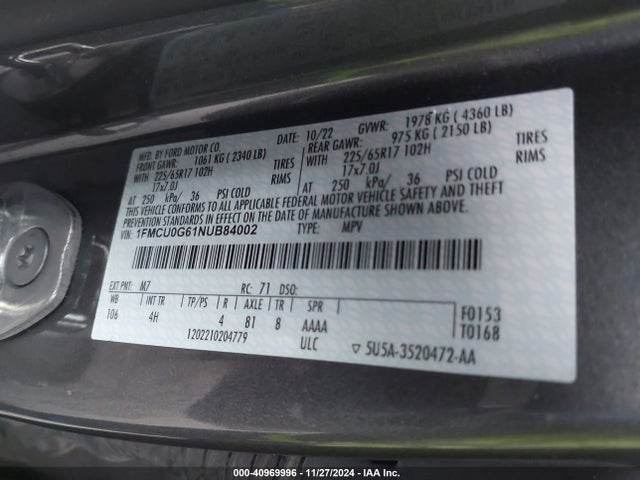 Ford ESCAPE SE 2022 1FMCU0G61NUB84002 Image 9