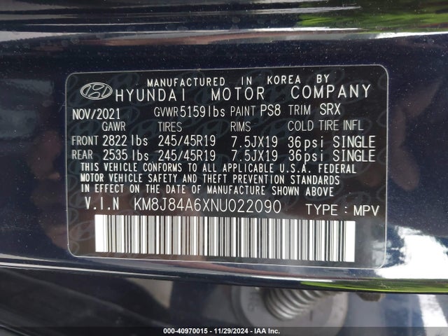 Продажа на аукционе авто 2022 Hyundai Nexo Limited, vin: KM8J84A6XNU022090, номер лота: 40970015