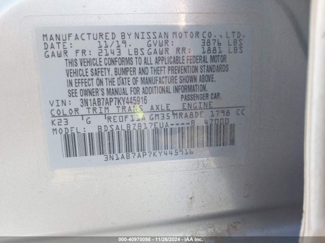 Nissan SENTRA S 2019 3N1AB7AP7KY445916 Image 9