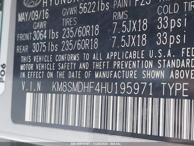 KM8SMDHF4HU195971 Hyundai Santa Fe Se