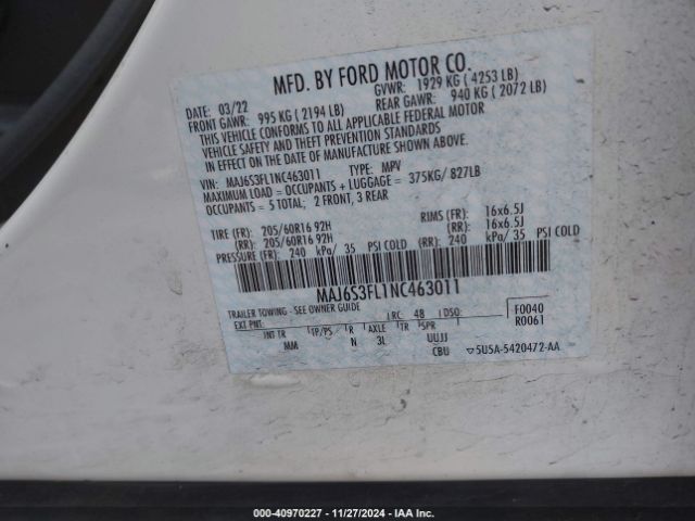 MAJ6S3FL1NC463011 Ford ECOSPORT S