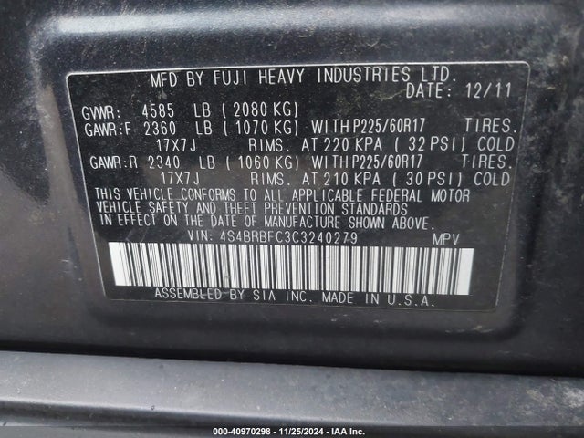 40970298 :رقم المزاد ، 4S4BRBFC3C3240279 vin ، 2012 Subaru Outback 2.5i Premium مزاد بيع
