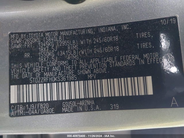 5TDZZRFH0KS361985 Toyota Highlander Le