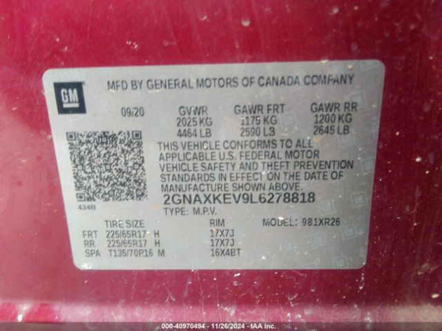 2GNAXKEV9L6278818 Chevrolet Equinox Fwd Lt 1.5l Turbo