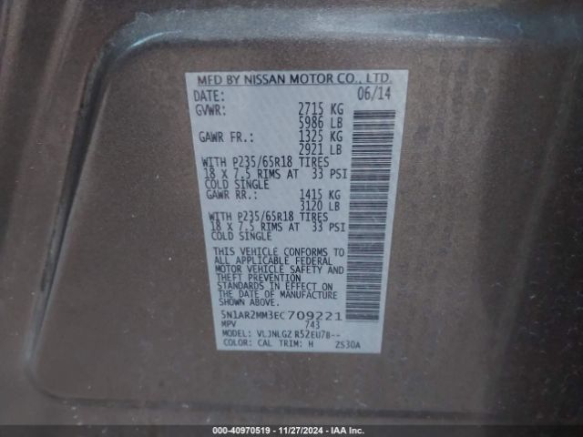 5N1AR2MM3EC709221 Nissan Pathfinder Sl