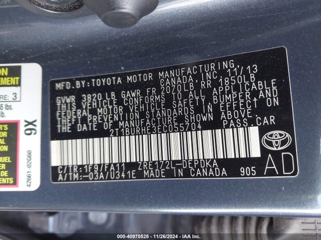 Toyota COROLLA L 2014 2T1BURHE3EC055704 Image 9