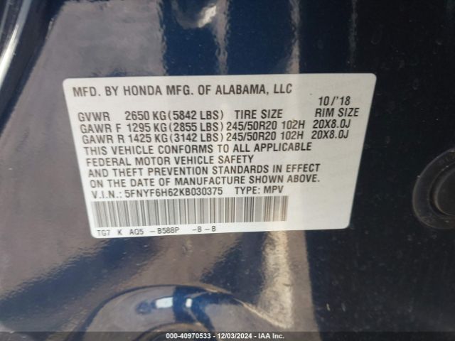 5FNYF6H62KB030375 Honda Pilot Touring