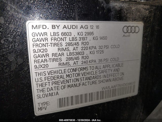 Aukcja sprzedaży 2017 Audi Q7 3.0t Premium, vin: WA1LAAF7XHD039620, numer aukcji: 40970830
