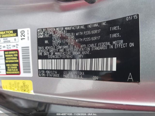 5TDYK3DC7FS578640 Toyota Sienna Xle/limited