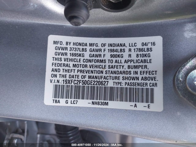 Honda Civic Lx 2016 19XFC2F50GE220627 Image 9