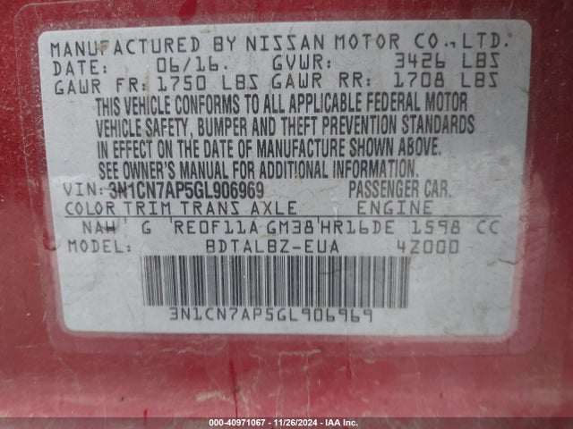 Nissan Versa 1.6 Sv 2016 3N1CN7AP5GL906969 Image 9