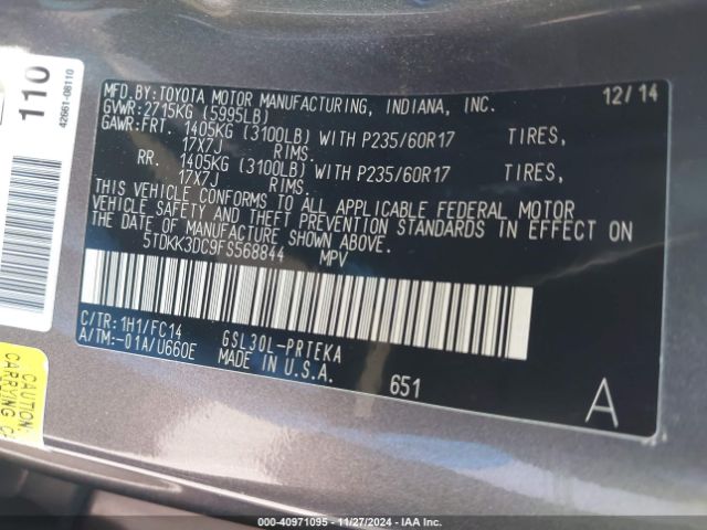 5TDKK3DC9FS568844 Toyota Sienna Le 8 Passenger