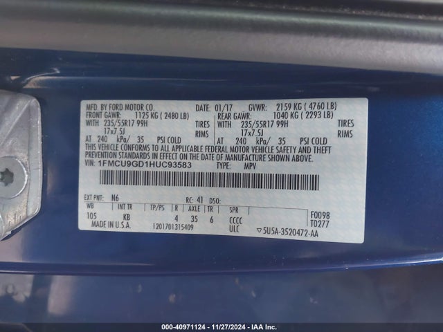 Ford ESCAPE SE 2017 1FMCU9GD1HUC93583 Image 9