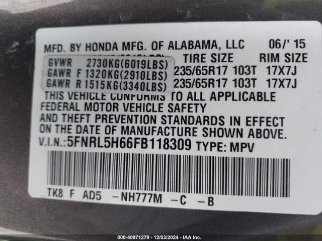 Honda Odyssey Ex-l 2015 5FNRL5H66FB118309 Image 9