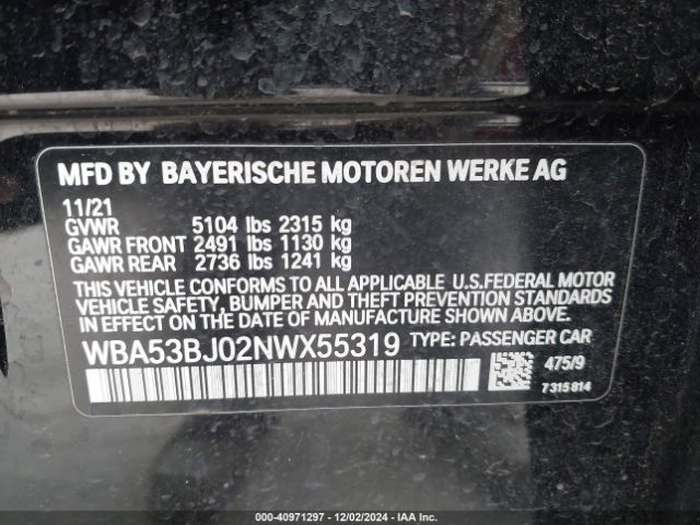 WBA53BJ02NWX55319 BMW 540 I