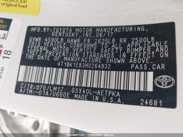 4T1BK1EB3HU264932 Toyota AVALON LIMITED
