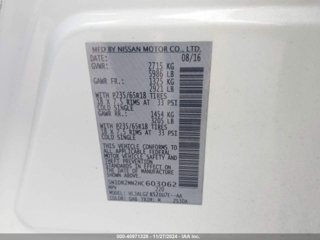 5N1DR2MN2HC603062 Nissan Pathfinder Sl