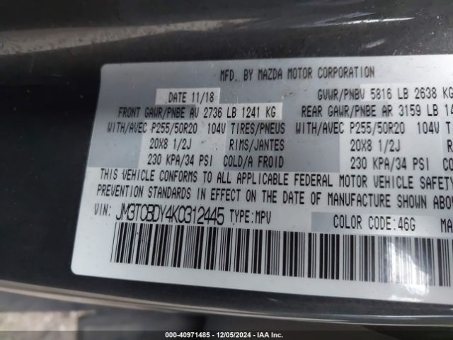 JM3TCBDY4K0312445 Mazda Cx-9 Grand Touring