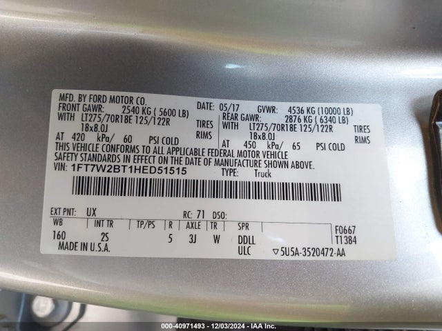 Ford F-250 Xlt 2017 1FT7W2BT1HED51515 Image 9