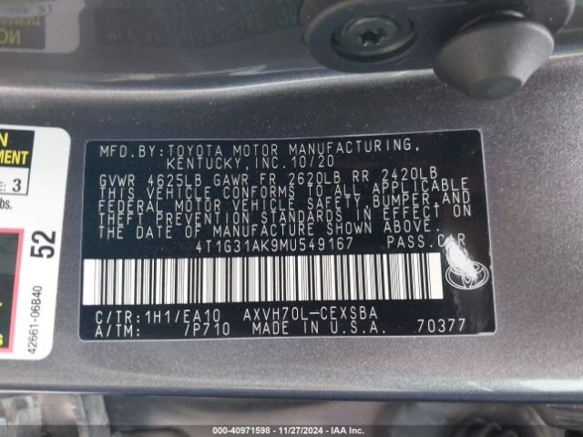 4T1G31AK9MU549167 Toyota Camry Se Hybrid