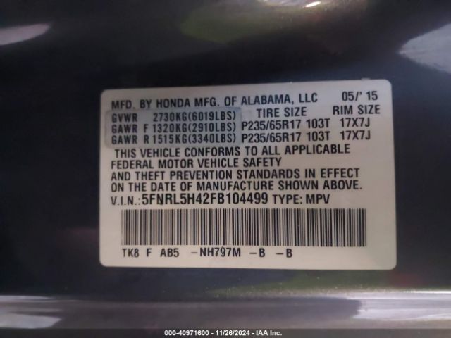 5FNRL5H42FB104499 Honda ODYSSEY EX