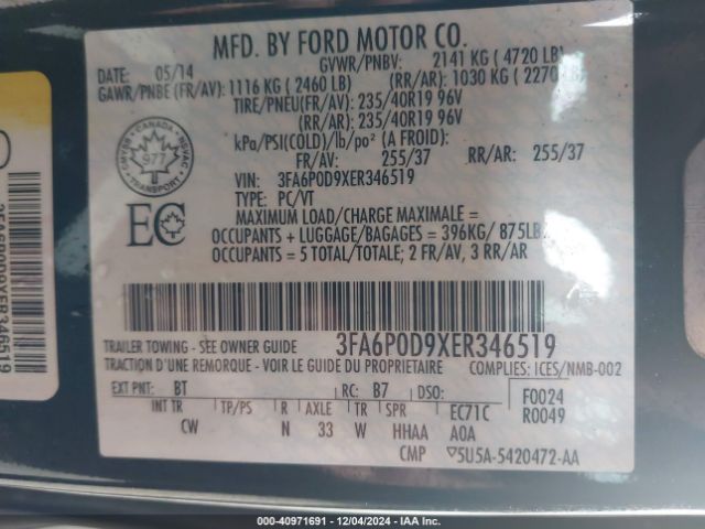 3FA6P0D9XER346519 Ford Fusion Titanium
